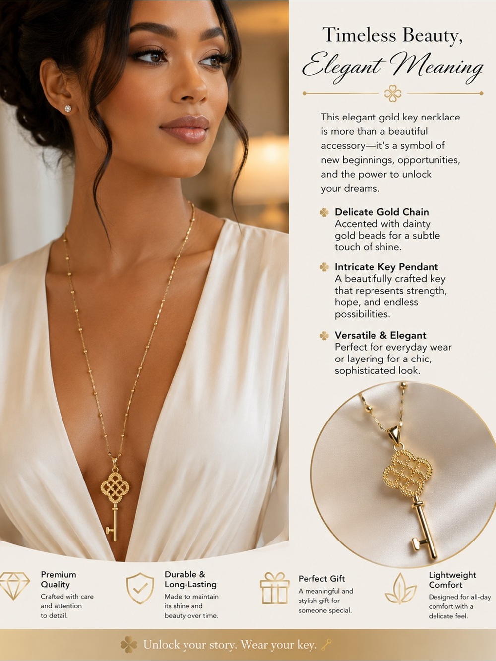 Gold Key Pendant Necklace - Elegant Long Chain Necklace